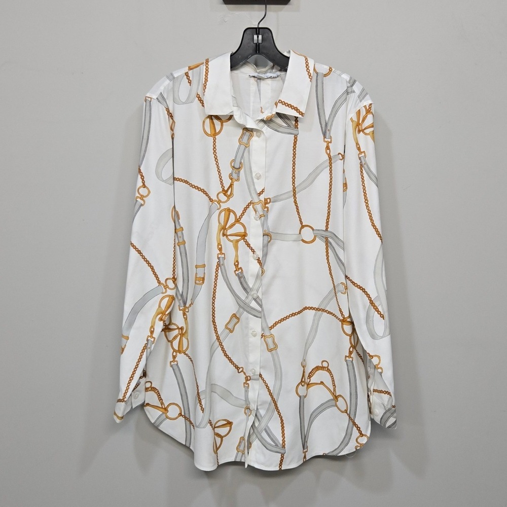 Chico's No Iron Button Up Shirt 14 Equestrian Horse Bit Chain Preppy Old Money